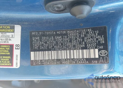 2010 Toyota Corolla S/Le/Xle from USA, damaged, VIN 2T1BU4EE2AC391393